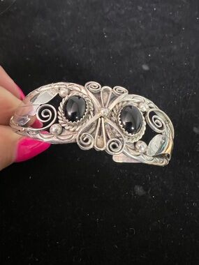 Sterling Silver Black Onyx Filigree Cuff Bracelet
